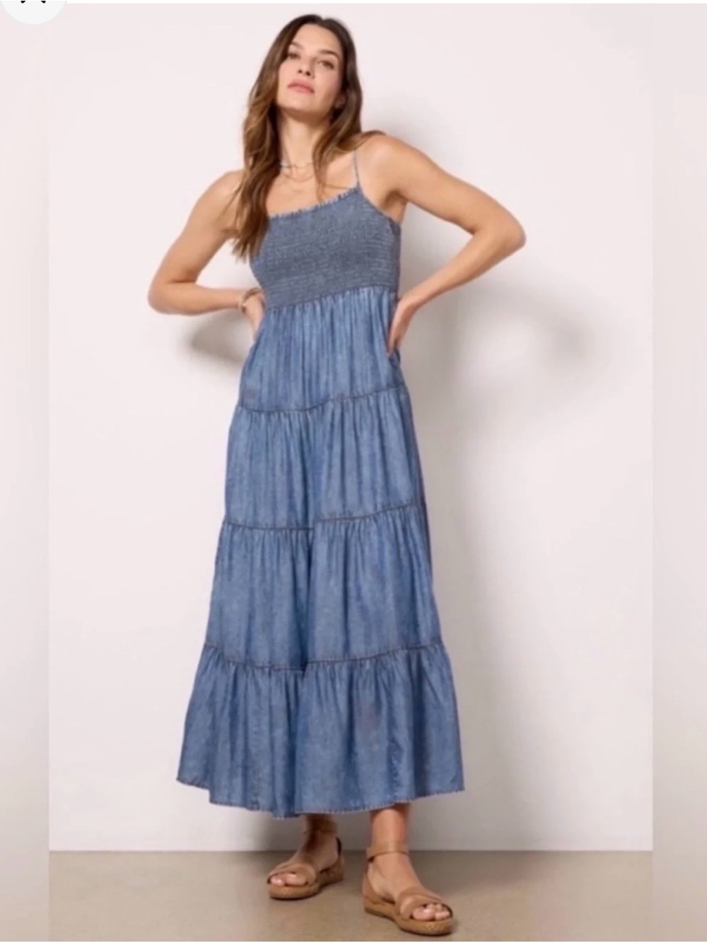 Z Supply Balos Chambray Smocked Bodice Tiered Maxi Dress | Size L | Like New